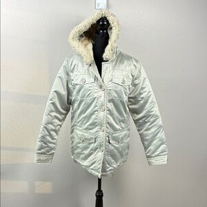 Gap Down Parka Silver Satin Fur Hood Utility Pockets Puffer Coat Jacket L